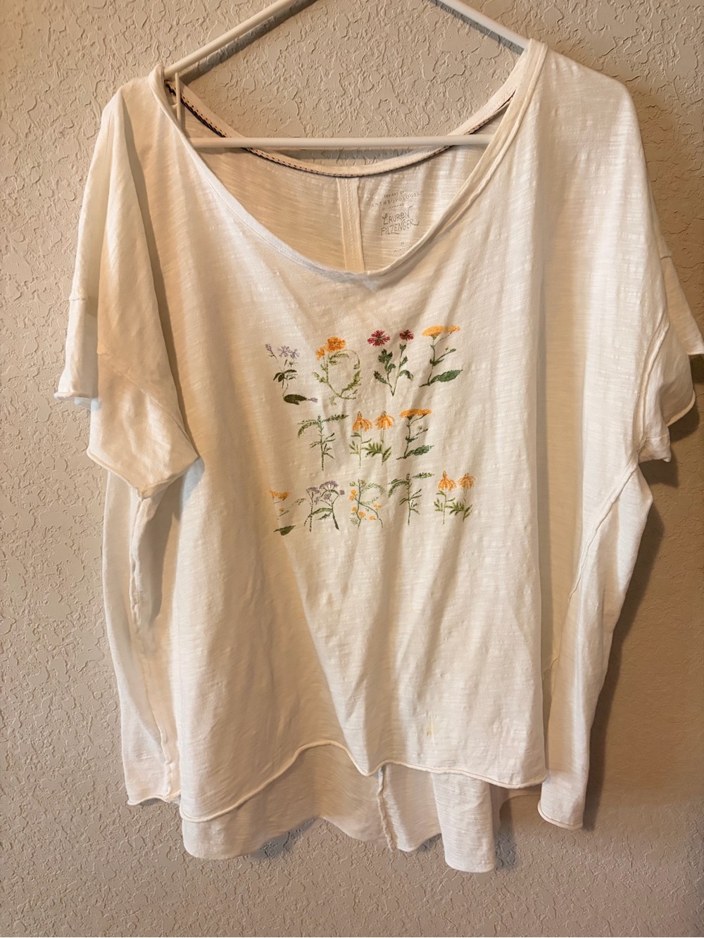 Anthropologie Cream Short Sleeve Tee with Small Floral Embroidery